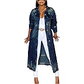 ebossy Women's Ripped Out Distressed Washed Long Blue Denim Jacket Trench Coat