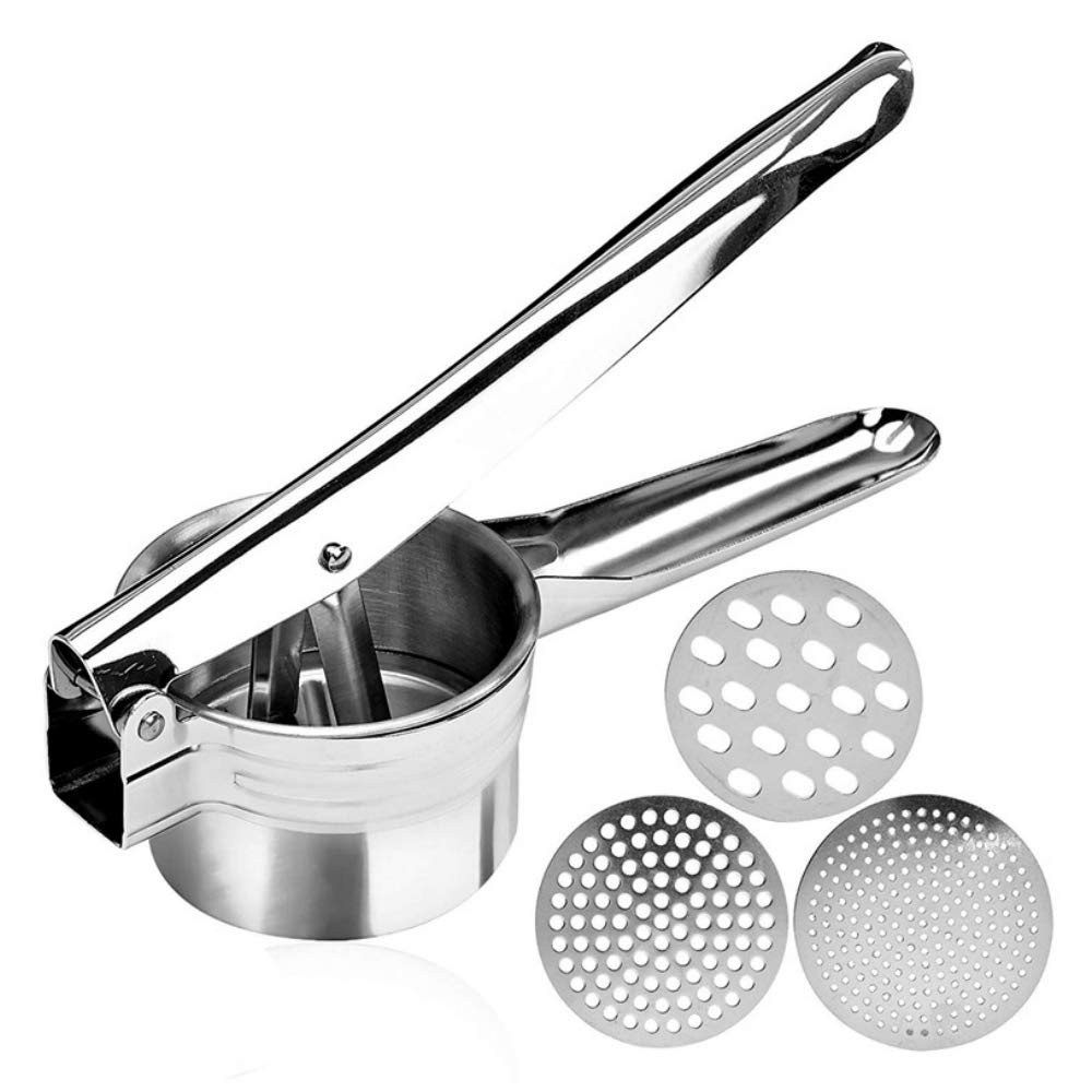 Photo 1 of Stainless Steel Potato Ricer – Manual Masher for Potatoes, Fruits, Vegetables, Yams, Squash, Baby Food and More - 3 Interchangeable Discs for Fine, Medium, and Coarse, Easy To Use