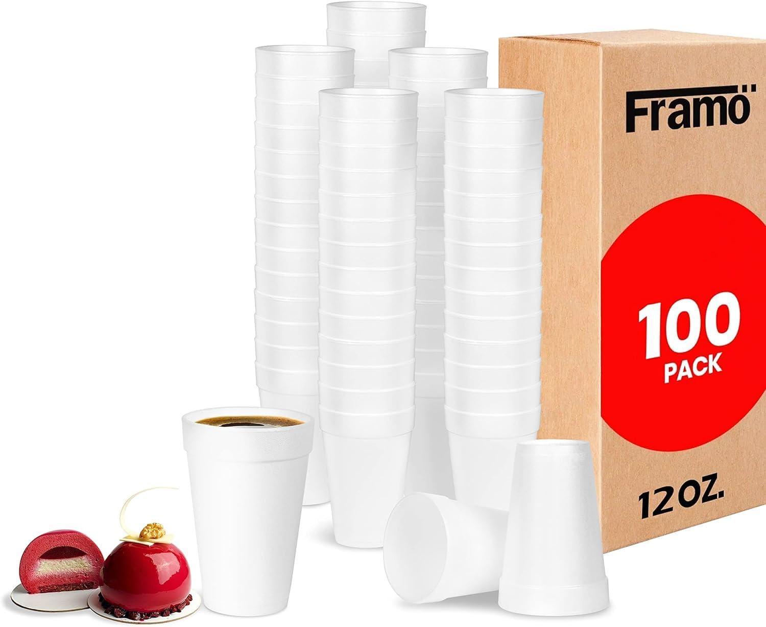 Photo 1 of ***demage**** FRAMO 12 Oz Foam Cups (100 Pack) Lightweight Insulated Foam Cups for Coffee, Cold Drinks & Other Hot Beverages - Disposable Drinking Cups for Parties, Picnic, BBQ, Travel, & Events (100 Pack)