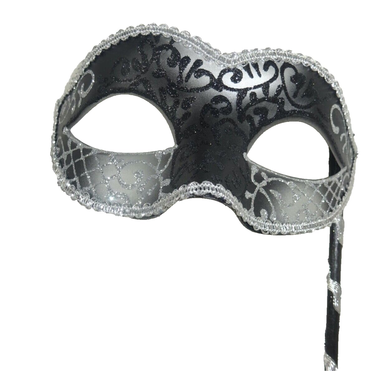 LADIES SPARKLING BLACK AND SILVER RIALTO VENETIAN MASQUERADE CARNIVAL PARTY EYE MASK HAND HELD ON A WOODEN STICK