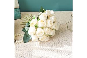 Artificial White Roses Bouquet, 18pcs Silk Rose Single Stems with Bendable Wire, Fake Flower Arrangement for Wedding Bridal H