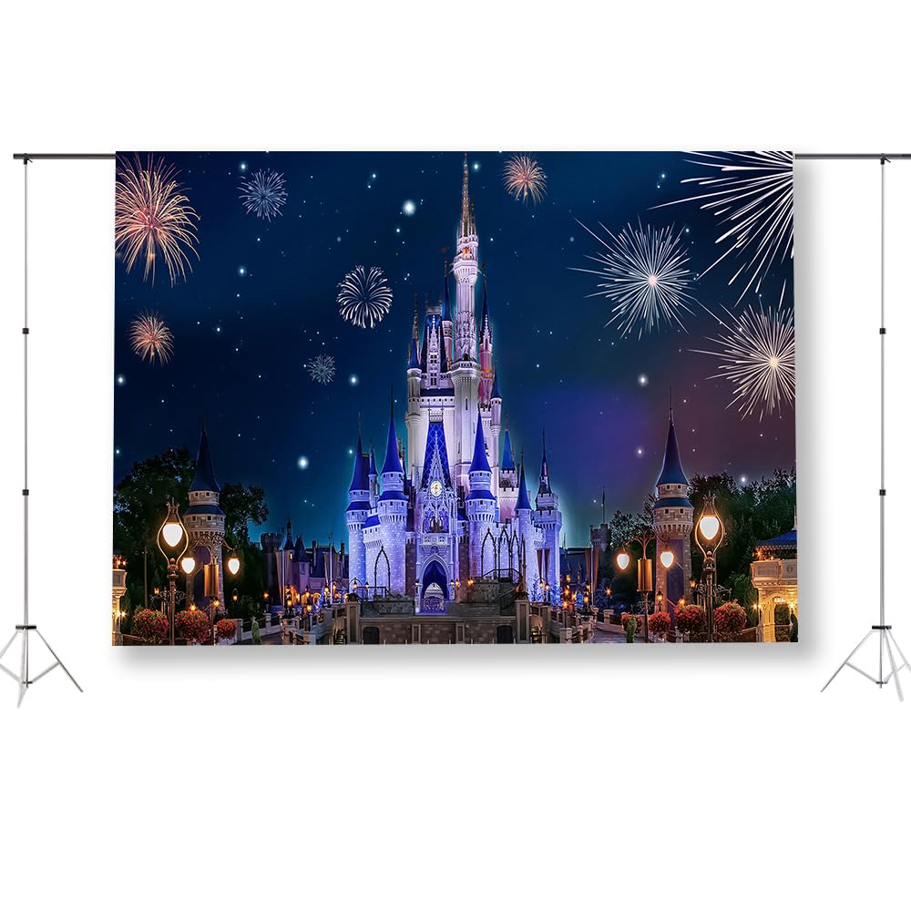 Photo 1 of KUKUSOUL 5x3ft Castle Backdrop Fantastic Night View Fireworks Castle Background for Kids Baby Shower Cake Table Banner Photo Booth Shoot KU859