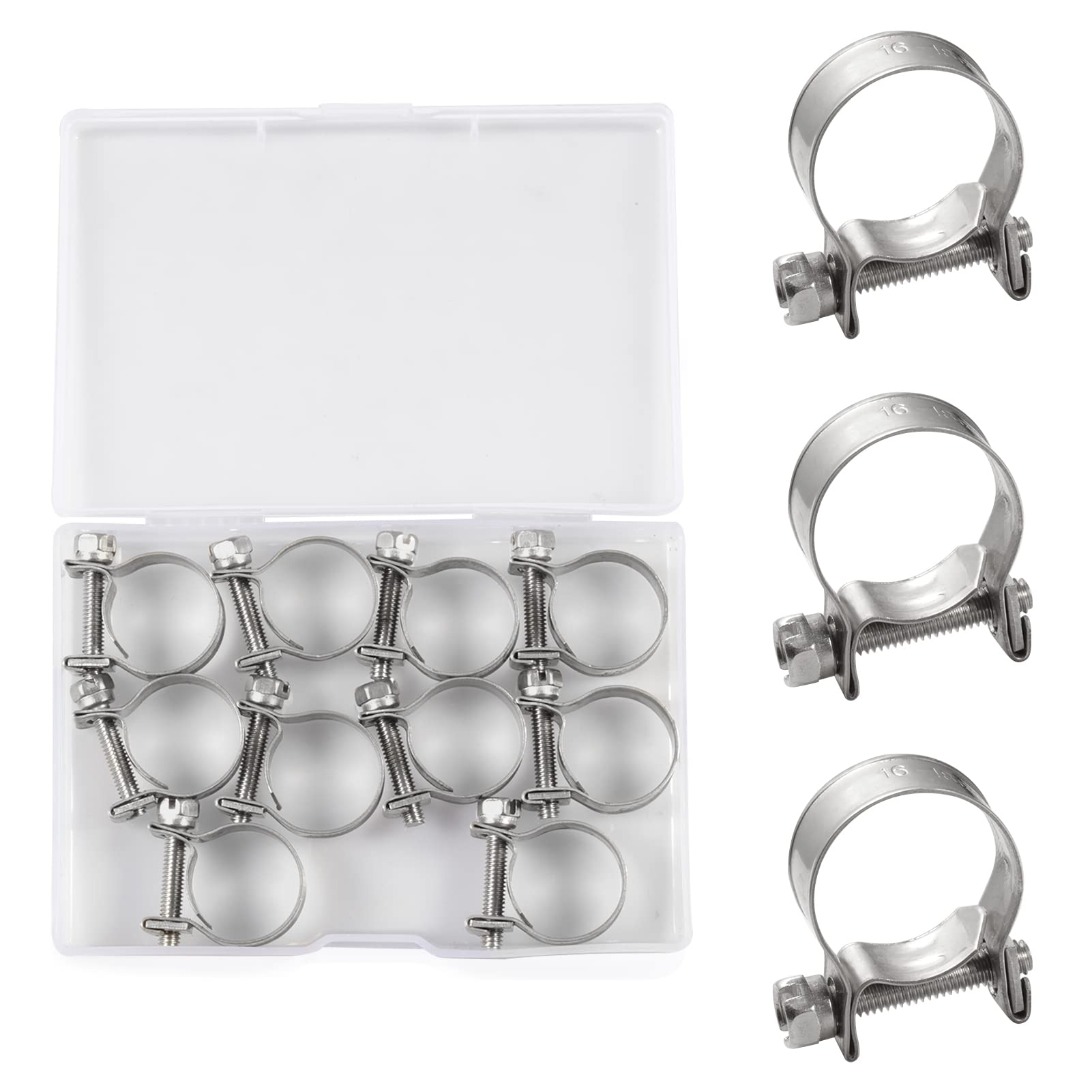 SPEEDWOX 10 Pcs Mini Fuel Injection Hose Clamps 304 Stainless Steel Adjustable Pipe Hose Clip Tube Clamps Set with Storage Box for Diesel Petrol Pipe Automotive Plumbing (16-18mm)