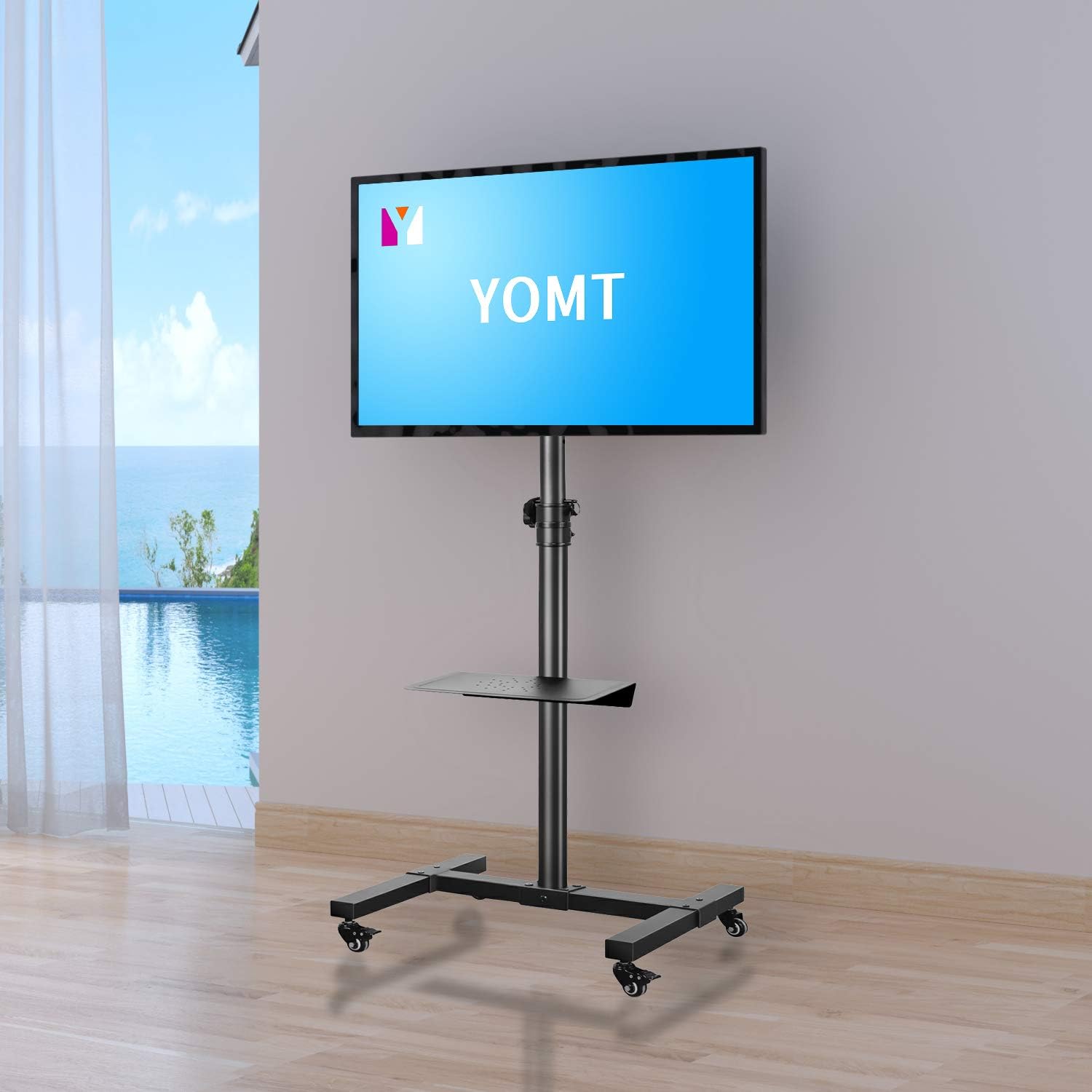Mobile TV Cart Rolling Floor Stand with Mount on Lockable Wheels Height Adjustable Shelf Trolley for 23-55 inch Flat or Curved Screen TVs Display Stand, Black : Home Audio & Theater