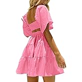 OWNGIGI Women's Summer Dresses Square Neck Short Sleeve Cutout Crossover Elastic Waist Casual Party A-Line Mini Dress