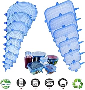 Silicone Stretch Lids 15 Pack of Reusable Food Covers for Various Shape of Containers, Dishes, Bowls, Safe in Dishwasher, Microwave and Freezer,Easy to Clean,9 Round and 6 Square Lids(Blue)