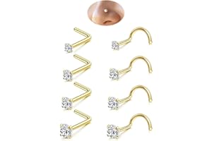ACCIRRCH 8Pcs 20G Nose Rings Studs Set for Women Men - Hypoallergenic Gold/Silver 316L Surgical Stainless Steel Nose Studs L Shaped Corkscrew Body Piercing Jewelry for Nose Earring Studs CZ 1.5mm 2mm 2.5mm 3mm