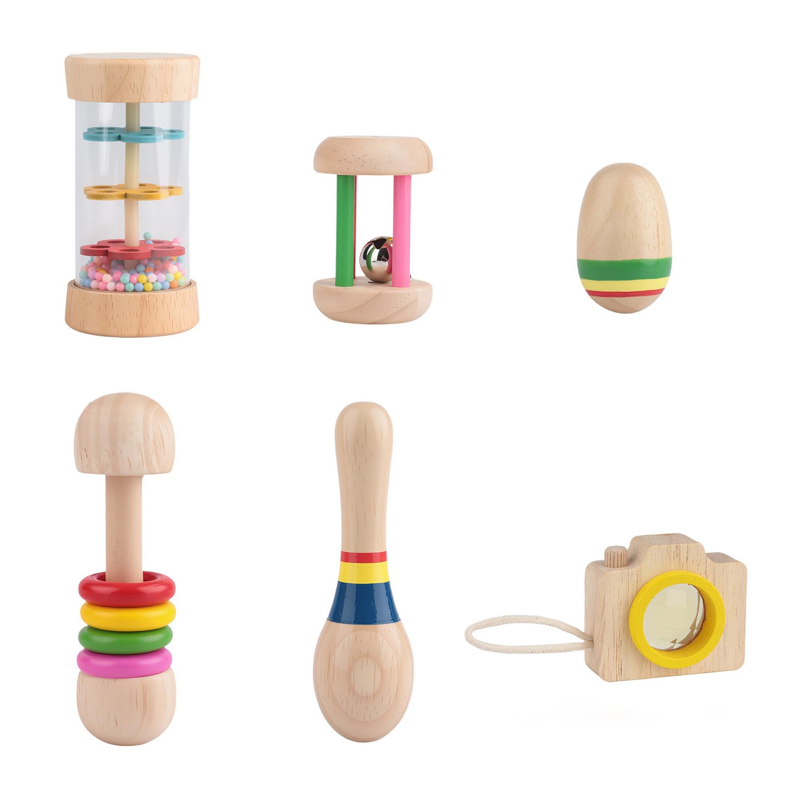 6pcs Baby Wooden Rattle Set - Montessori Sensory Toys for Babies, Wooden Baby Musical Toys, Baby Toy 6 to 12 Months, Rattle Maracas, Children's Early Education Educational Toy, Babies Presents