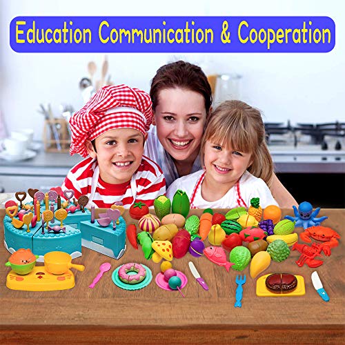 102 Pieces Pretend Cutting Play Food Set for Toddlers 3 Years+ Kitchen Toys Fun Cutting Fruits Vegetables Pretend Food Playset for Children Girls Boys Educational Early Age Basic Skills