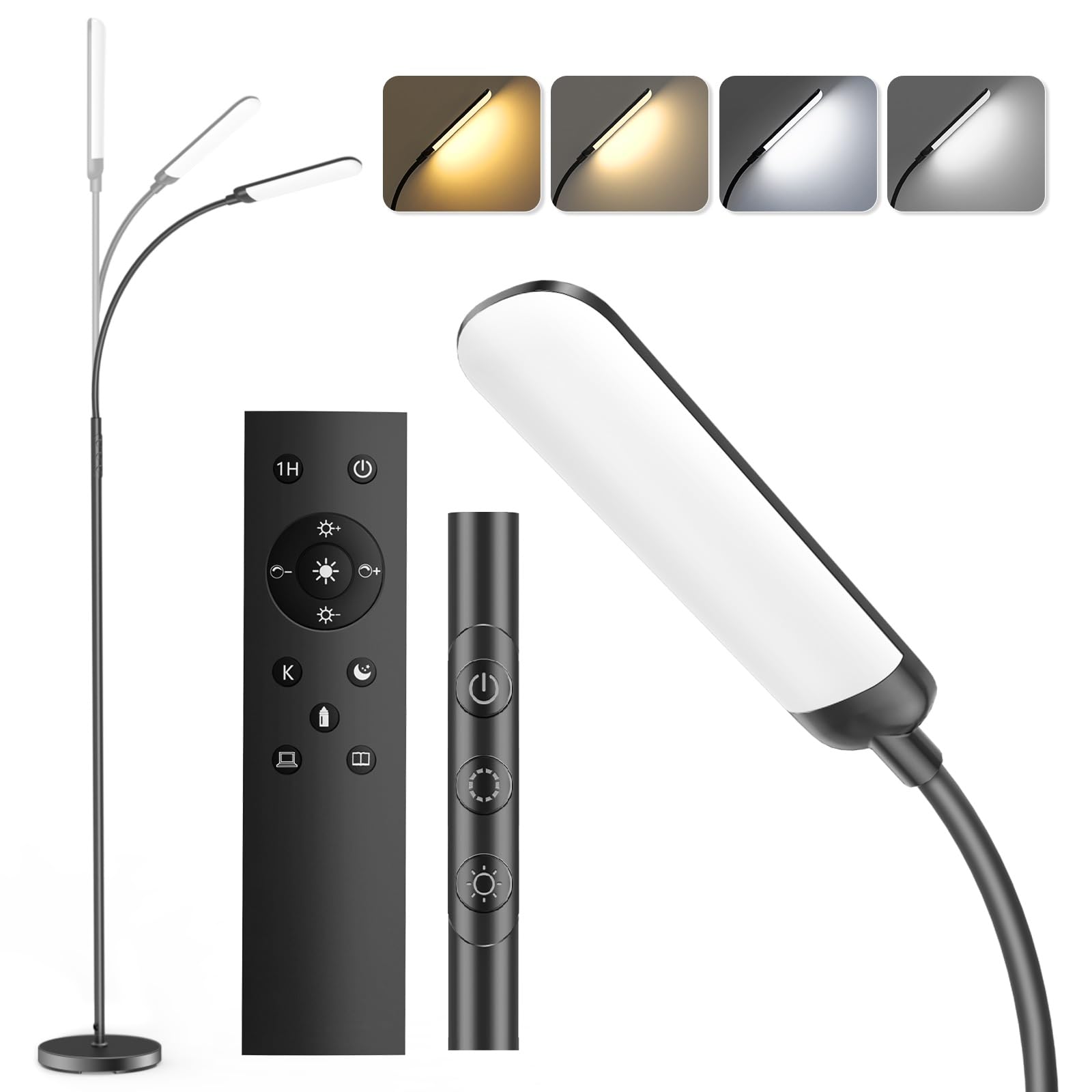 LUCKEA LED Floor Lamp 18W Standing Light with Remote Control 1200lm Dimmable Adjustable Floor Reading Lamp with 4 Color Temperature and 4 Brightness Levels for Living Room, Bedroom, Office, Black