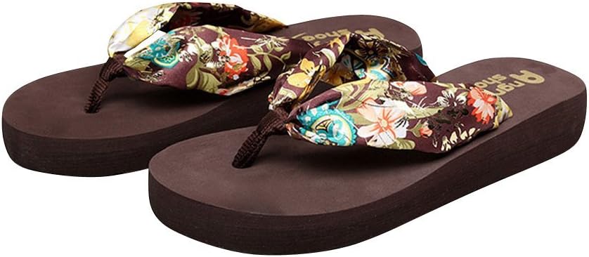 DeSen Women's Floral Summer Satin Wedge Flip Flops Runs Small, Order Size UP