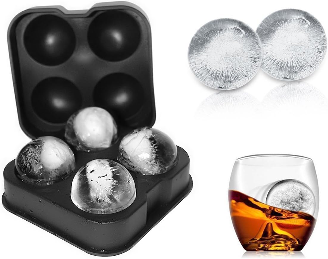 Domi Silicone Ice Ball Mold, Sphere Ice Ball Maker with Lids for Whiskey, Black Reusable Flexible Silicone Ice Tray, 4 X 4.5cm Round Ice Ball Molds