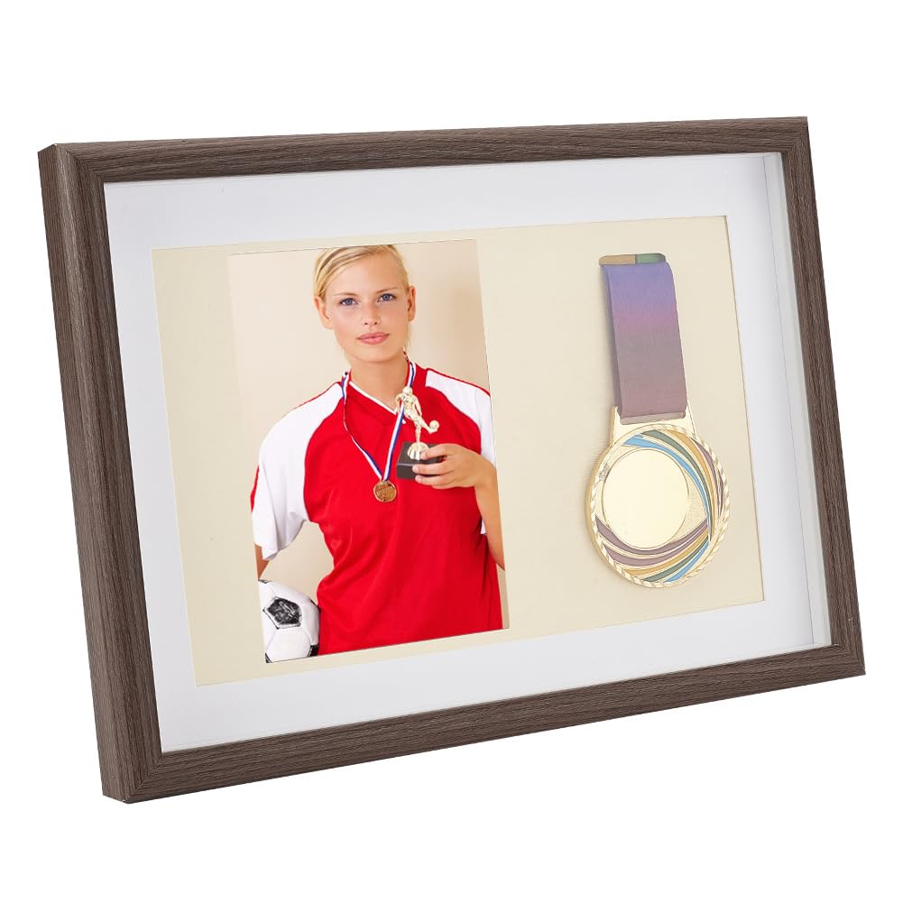AHANDMAKER Medal Display Shadow Box, Single Medal Display case Single Medal Display Shadow Box Frame for Runners, Marathon, Soccer, Football, Gymnastics & All Sports Medal Display (Brown, A4)