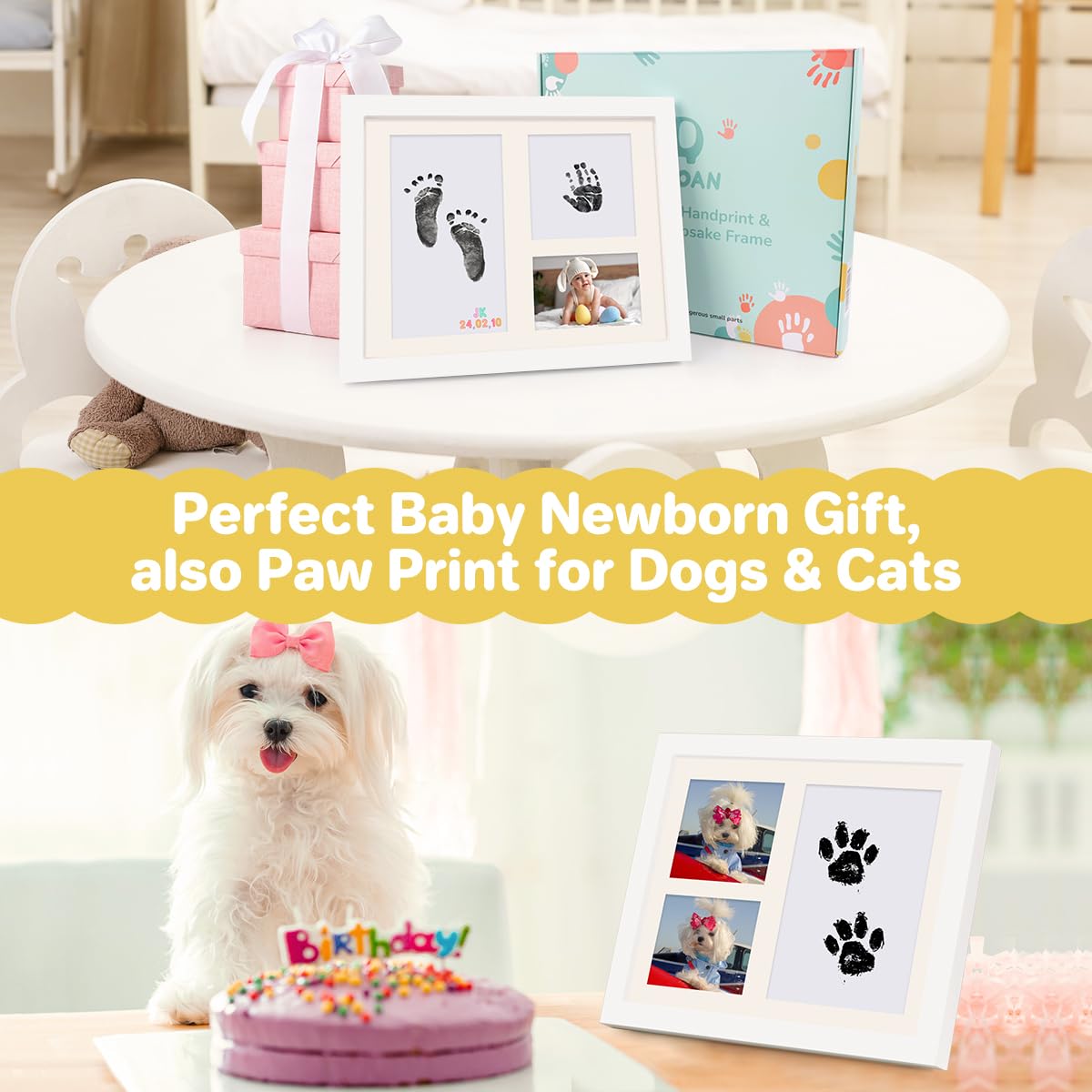 BEBOAN Inkless Hand and Footprint Kit, Baby Keepsake Frames with Multicolor DIY Sticker, Baby Gifts for Newborn, Dog Paw Print Kit White