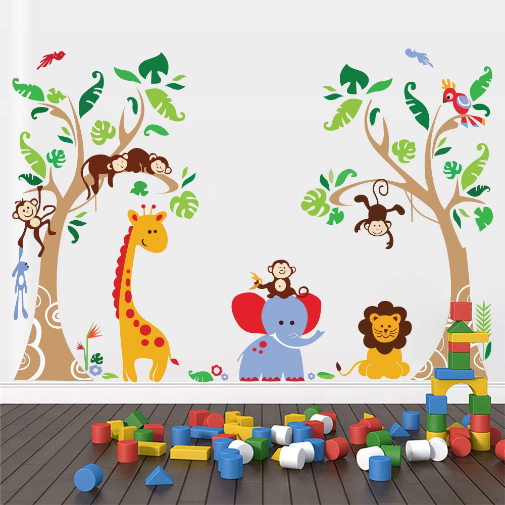 Runtoo Jungle Animals Tree Wall Decals for Nursery Baby Kids Bedroom Monkey Giraffe Elephant Wall Stickers Adventure Wall Décor