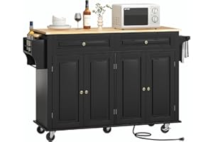 Hlivelood 55" Movable Kitchen Island with Drop Leaf and Power Outlet, Rolling Cart with Storage Cabinet, Island Table on Wheels for Kitchen with 2 Drawers, Spice Rack, Towel Bar, Garage Hook, Black