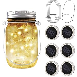 PAPRMA 6 Pack Solar Mason Jar Lid Lights, 20 LED Jar Lid Fairy String Lights with 6 Hangers, Decorations for Party Garden Patio Path Christmas, Warm White(Jar NOT Included)