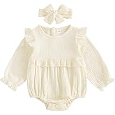 Mobbdow Newborn Infant Baby Girl Clothes Cotton Linen Long Sleeve Smocked Bubble Romper Ruffle Bodysuit Jumpsuit Fall Outfit