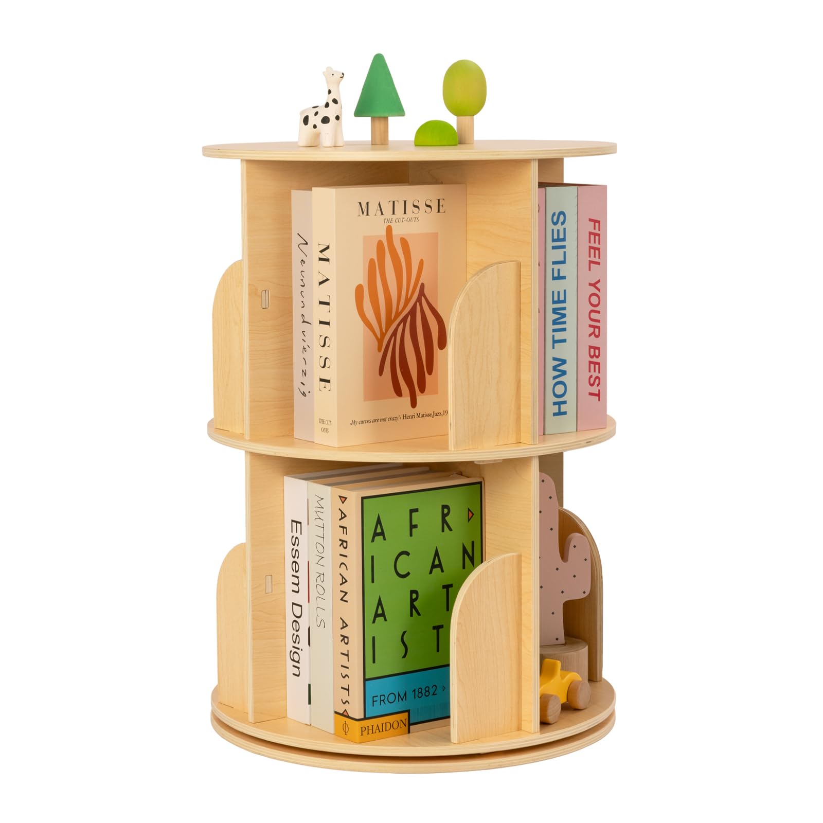 OOOK 2 Tier Rotating Bookshelf, Small Corner Bookshelf Floor Standing Wooden Narrow Bookcase Organizer for Kidsroom, Bedroom, Living Room