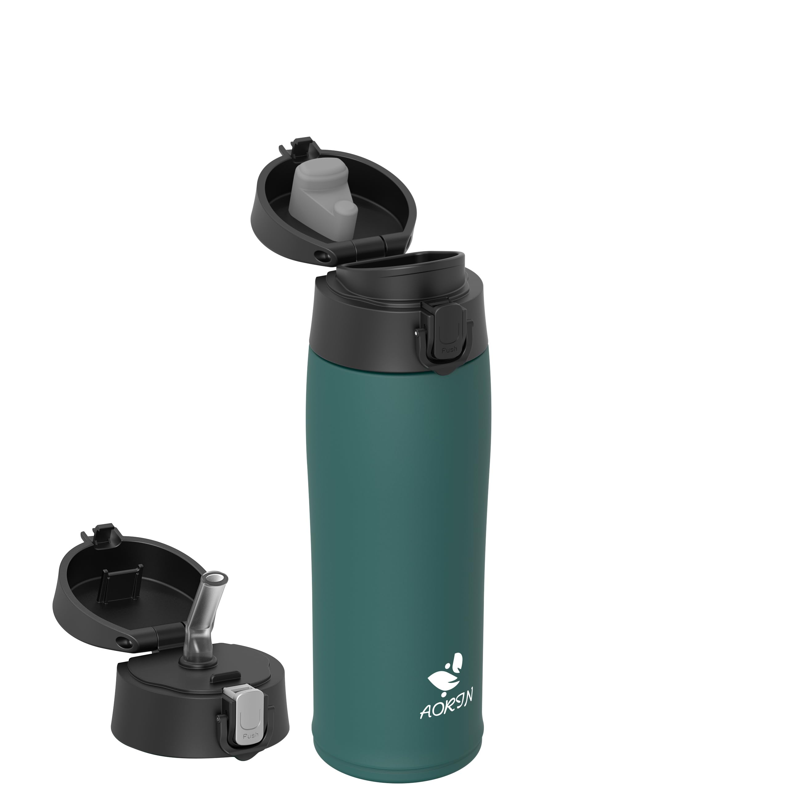 AORIN 18/8 Stainless Steel Water Bottle with 2 Lids, 500ml, Vacuum Insulated Metal Bottle, Leakproof Drinks Bottle, BPA Free, Hot & Cold Compatible, Portable Flask for Gym, Sport, Daily