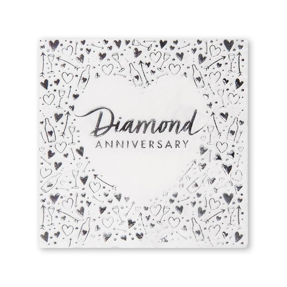 Anniversary House Diamond 60th Anniversary Lunch Napkins | Pack of 16 | 3 ply | 33 x 33cm | Foil Stamped | Table Decoration, Diamond Anniversary Decoration, Disposable Party Serviettes Napkins, J045