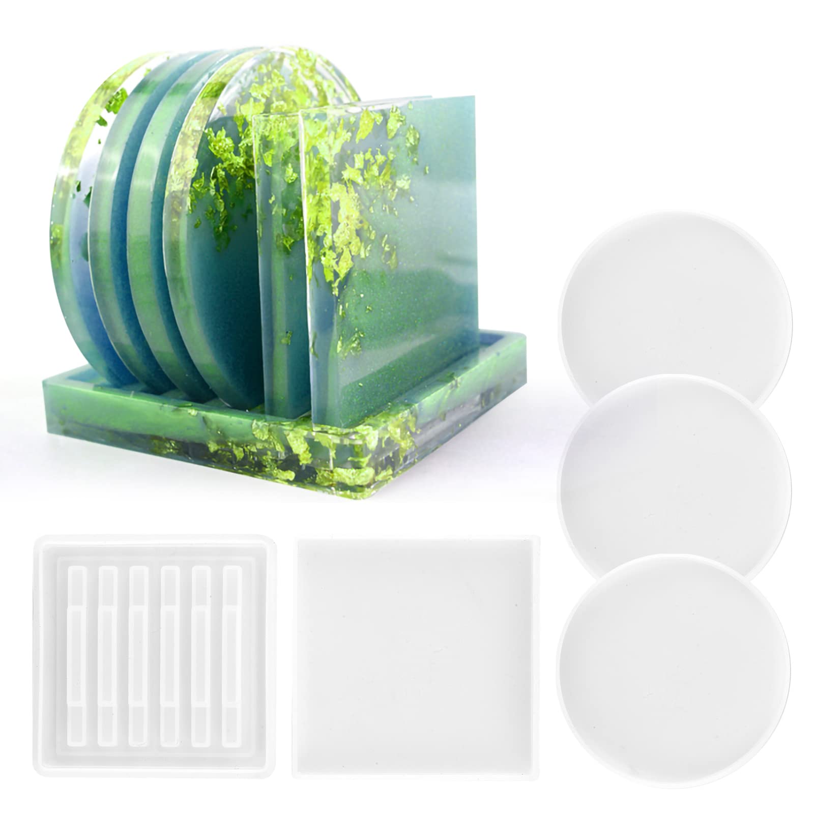 Resin Coaster Moulds, Silicone Moulds for Resin, 5 Pcs Round Coaster Mould for Epoxy Resin with Coaster Storage Tray, Cup Mats, Home Decorations