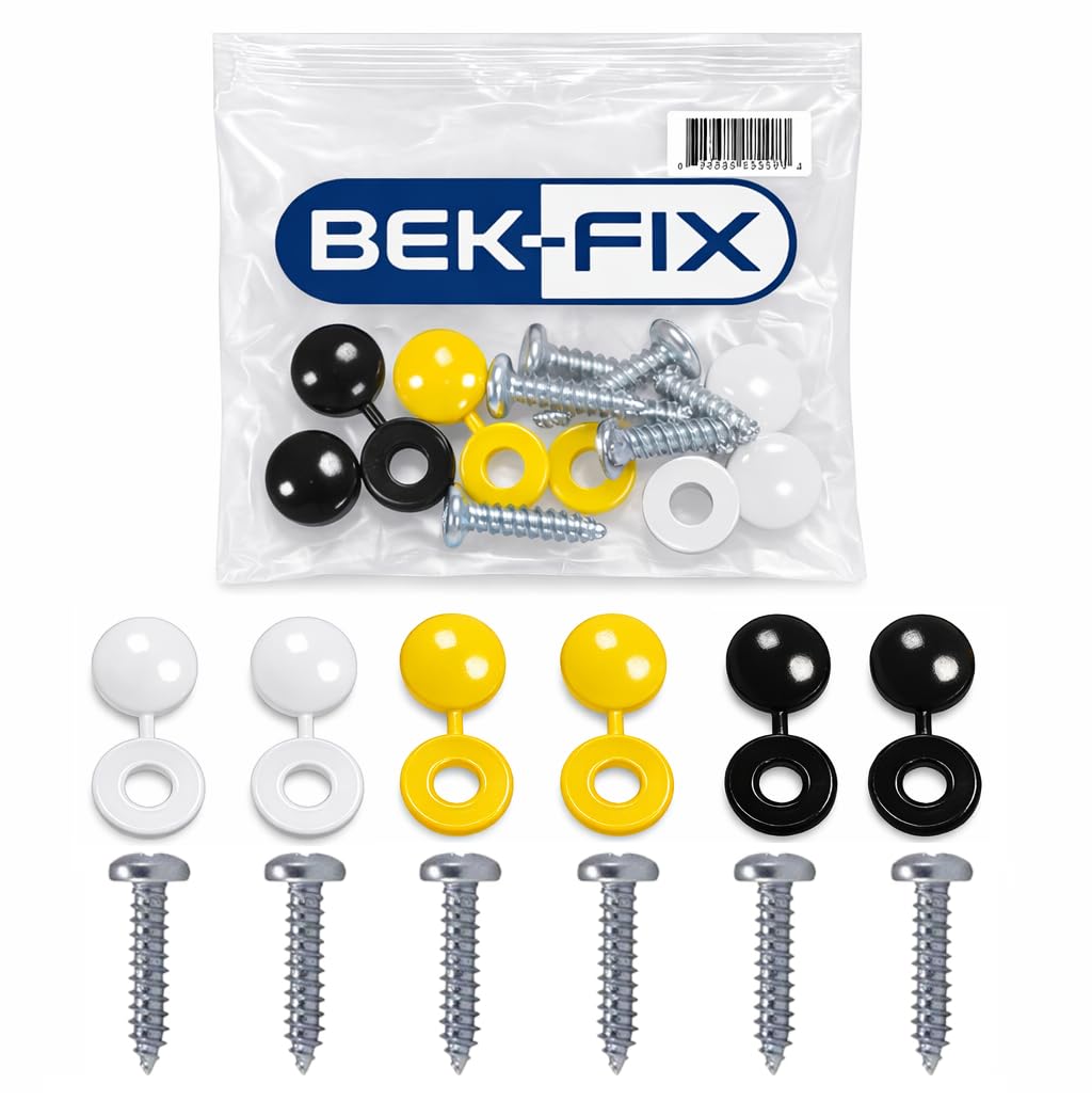 BEK-FIX® Number Plate Screws and Caps Set Car Number Plate Fixing Fitting Kit 12 Pack of Caps & Screws