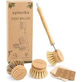 eplanita Natural Dish Brush, 3 Replacement Heads, Kitchen Eco Bamboo Scrubber Brushes, Extra Plant Sponge, Plastic Free Washing Up, Zero Waste Cleaning