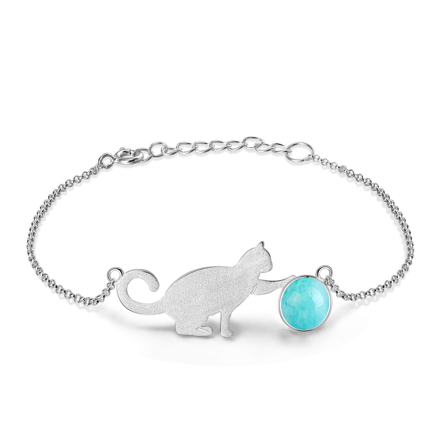 Lotus Fun Women's Bracelet, S925 Sterling Silver Bracelet, Cat Playing with a Ball Charm, Chain Length: 16.5 - 19 cm, Handmade Unique Jewellery for Women and Girls Sea ​​blue
