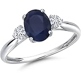 Gem Stone King 10K White Gold Blue Sapphire and White Moissanite 3-Stone Ring For Women | 2.00 Cttw | Oval 8X6MM | Gemstone September Birthstone