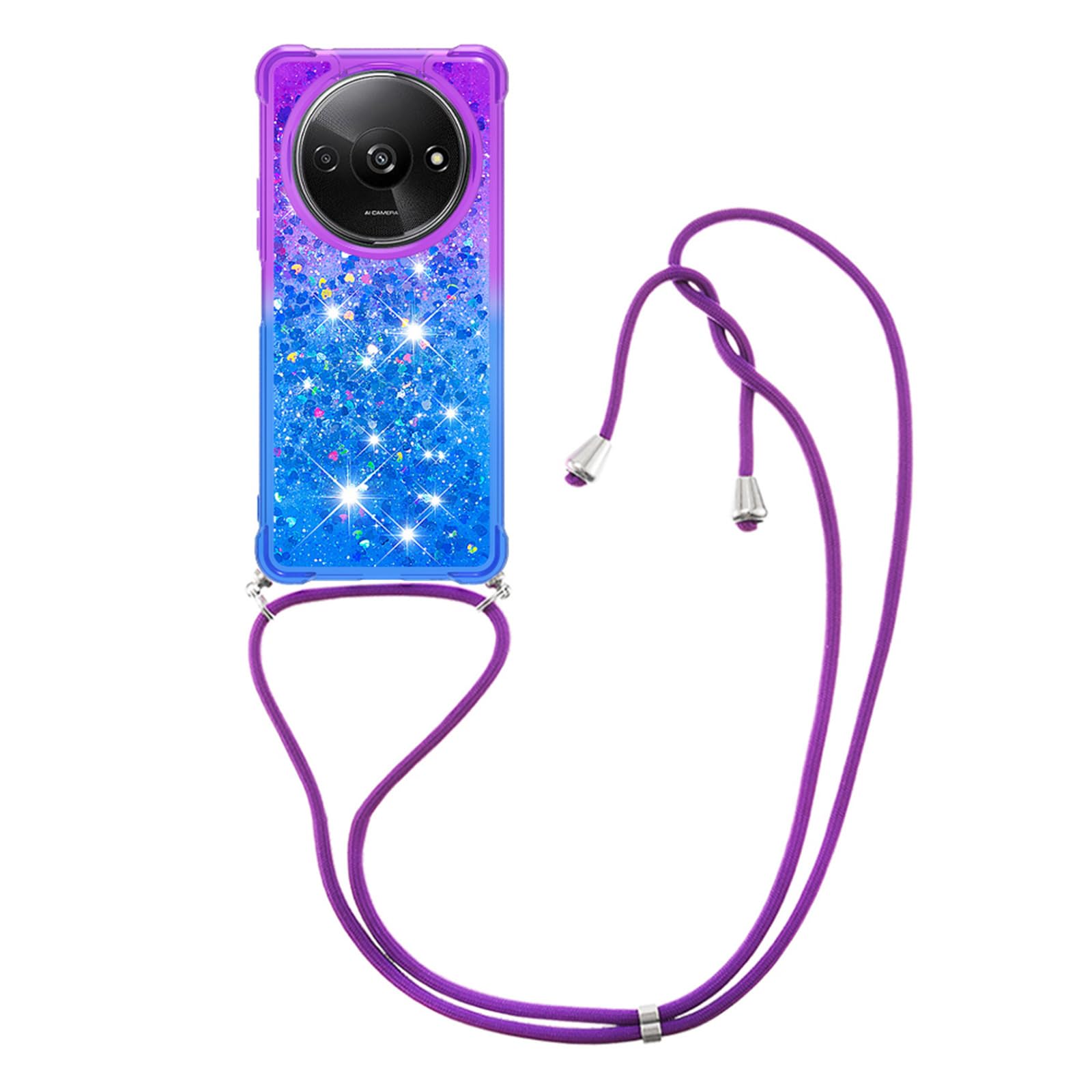 Ysnzaq Lanyard Case for Xiaomi Redmi A3, Moving Liquid Bling Glitter Sparkle Floating Silicone TPU Shockproof with Strap Crossbody Case for Xiaomi Redmi A3. YBG Purple Blue