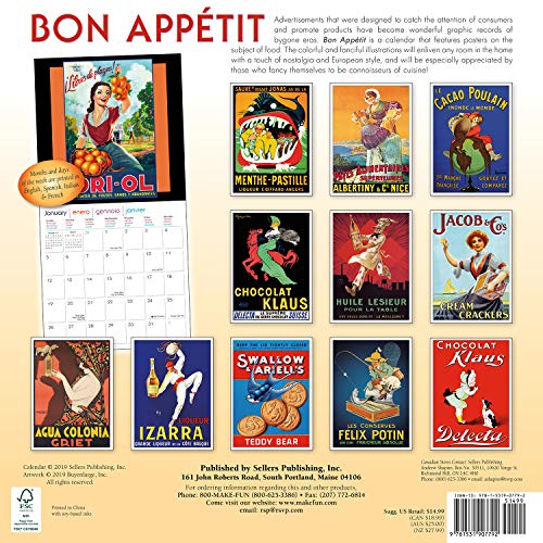 2020 Bon Appetit Vintage Poster Art 16-Month Wall Calendar: by Sellers Publishing