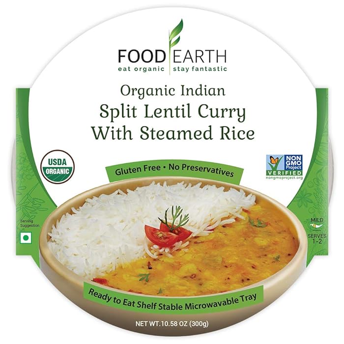 Food Earth Organic Indian Split Lentil Curry with Steamed Rice - Ready to Eat Meals - Indian Food - Organic Microwaveable Meals - Pre Prepared Meals - (6 PACK)