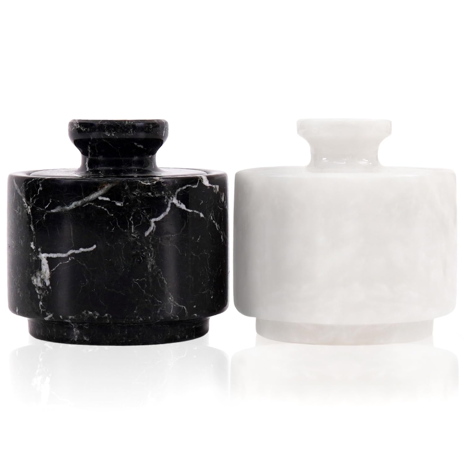 MARBLOUS KRAFTS Stylish Marble Salt Cellar Set, Black and White, Butter Keeper 3" X 3" Kitchen décor for Counter Mason Salt Pepper Bowls Salt Container Salt Pig Pot, Butter Holder and Tea containers
