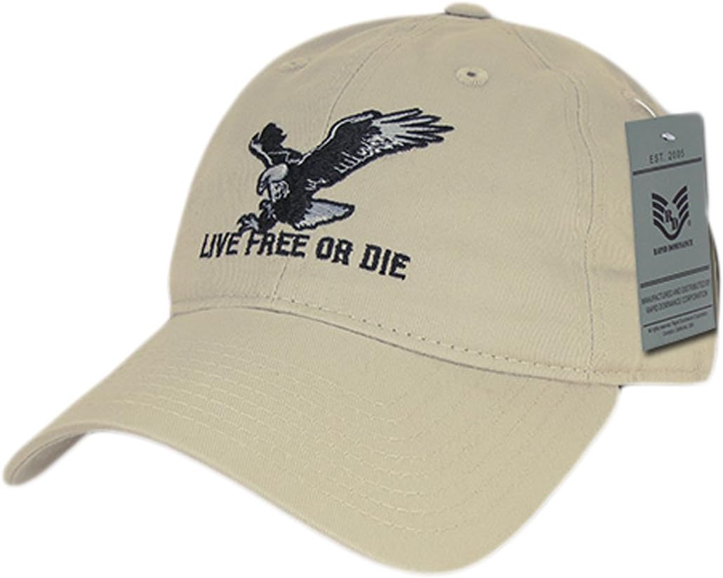 Rapiddominance Relaxed Graphic Cap with Live Free or Die, Stone : Sports & Outdoors