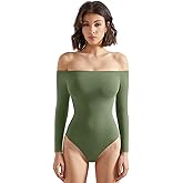 SUUKSESS Women Off the Shoulder Long Sleeve Bodysuit Double Lined Thong Bodysuit
