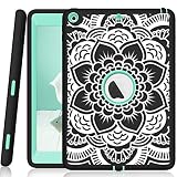 iPad 5th/6th Generation Case, Hocase Heavy Duty Shock Absorbent Rubber+Hard Plastic Dual Layer Protective Case w/ Mandala Floral Print and Kickstand for iPad 9.7 2018/2017 - Black/Mint Green