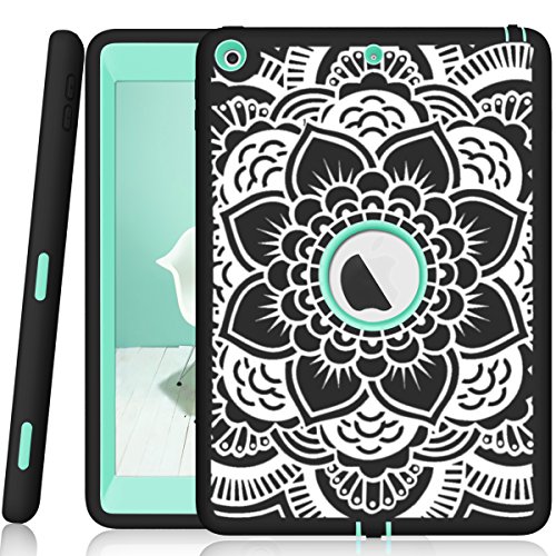 iPad 5th/6th Generation Case, Hocase Heavy Duty Shock Absorbent Rubber+Hard Plastic Dual Layer Protective Case w/ Mandala Floral Print and Kickstand for iPad 9.7 2018/2017 - Black/Mint Green
