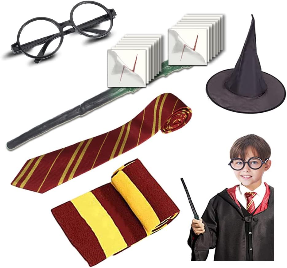 Tapestries - YoHold Wizard Cosplay Party Supplies - Wizard Glasses Frame,Magic Wand, Hat, Scarf, Tie, Lightning Bolt Scar Tattoos for Kid Halloween, Birthday Party Decorations-No Robe