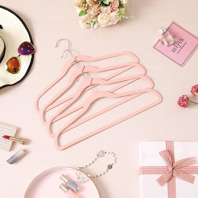 HilmGear Velvet Hangers, Set of 50 Packs Clothes Hanger with Rose Gold Swivel Hook, Non-Slip, and Space-Saving, 0.2-Inch Thick, 17.1-Inch Long for Coat, Shirt, Dress, Pants, Tie (Pink, One Size)