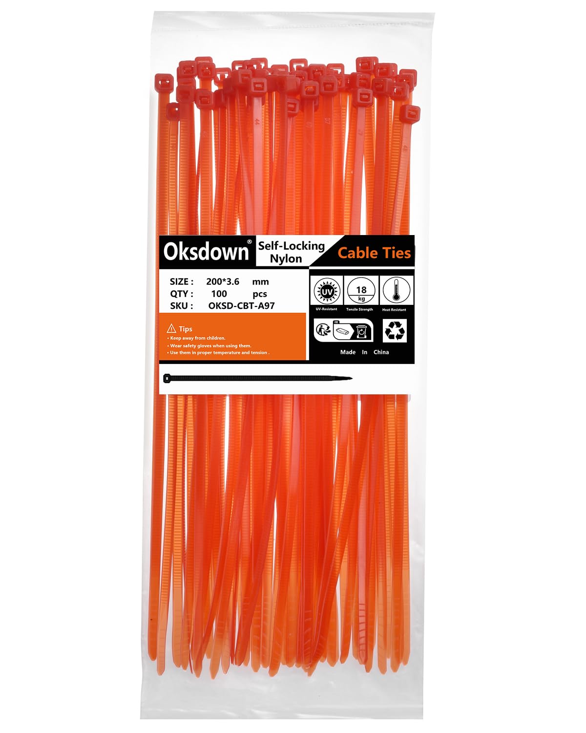 Oksdown 100 Pack Red Plastic Cable Ties 200mm×3.6mm Heavy Duty Nylon Garden Zip Tie Multi Purpose Premium 8 inch/20 cm Tie Wraps — image 1
