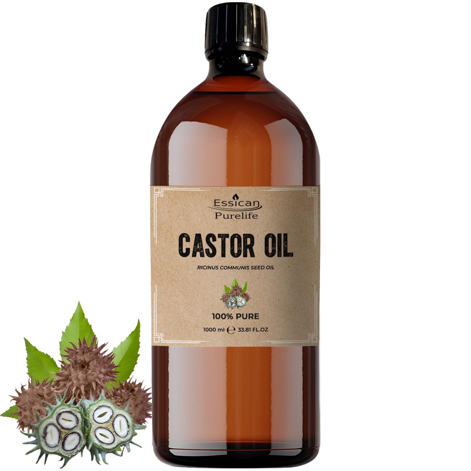 Essican Purelife Pure Castor Oil for Eyelashes 1000ml, Fresh & Cold Pressed Castor Oil for Hair Growth, Skin Hydration, Eyebrow Oils Enhancement - Ideal for Body, Beard & Nails, Cruelty-Free