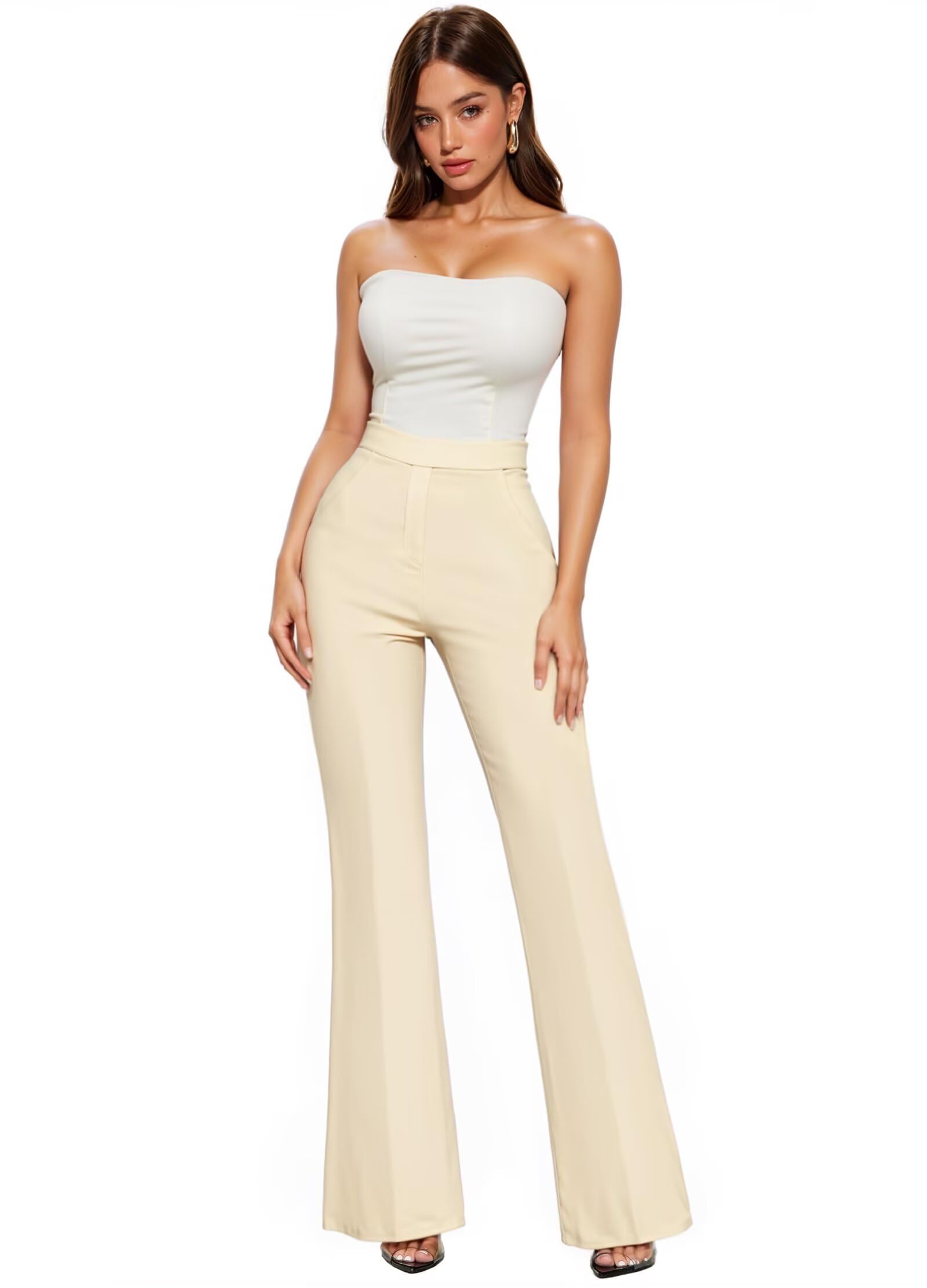 Photo 1 of & Company Womens Ultra Stretch Ponte Flare Pants-High Rise,Faux Pockets,Pull On,Wrinkle Resistant-Casual & Office Wear KP38012FL Ivory L