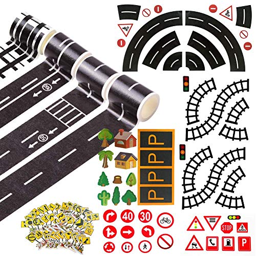Hangnuo Road Tape Set for Kids Toy Cars Track with Curves Roads and Traffic Signs, Stick to Floors Walls - Creative Children Toys Birthday Gift