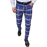 TENGINE Plaid Pants for Men, Mens Skinny Stretch Slim fit Chinos Golf Business Dress Casual Pants