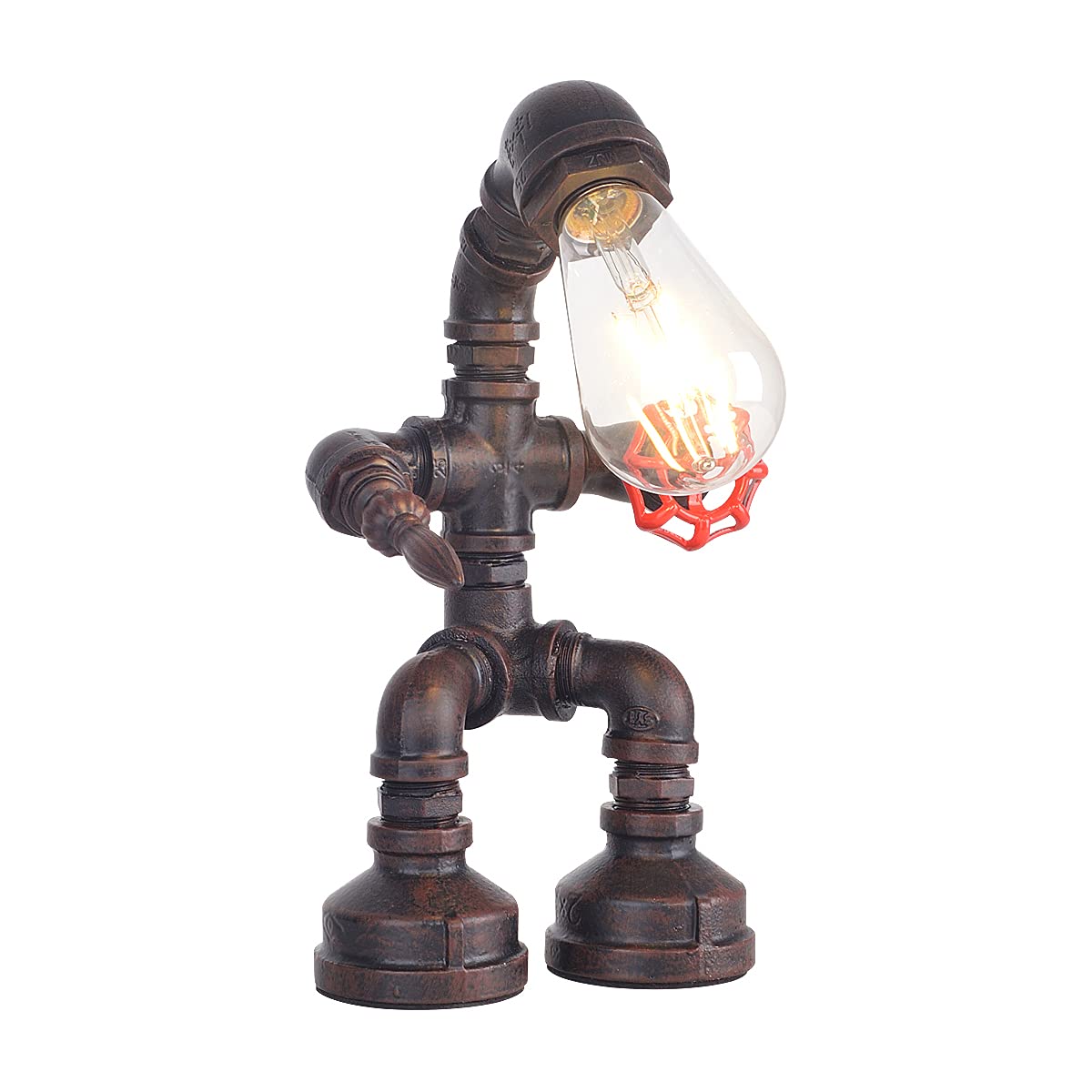 Kaj Hejmo Water Pipe Table Lamp Robot Style- Retro Industrial Steampunk Rustic Table Light- Vintage Farmhouse Desk Lamp for Bedroom,Office, Bedside, Nightstand, Baror or Shop (Rust-Style A)