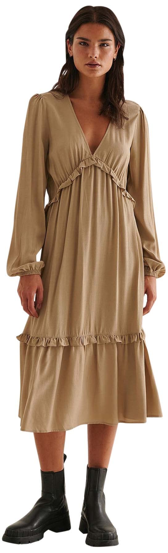 NA-KD Women's Balloon Sleeve Midi Frill Casual Dress, Dark Beige, 6 UK