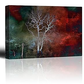 Lone Tree Over a Red and Teal Watercolor Paint