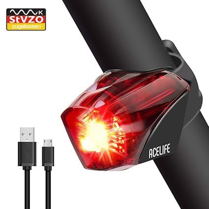 Acelife Fahrrad Rücklicht, Fahrradrücklicht USB Wiederaufladbar Fahrradlicht Fahrradlampe, StVZO Zugelassen Fahrradbeleuchtun