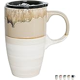 Bosmarlin Ceramic Travel Coffeel Mug with Handle and Lid, 18 oz, Portable Coffee Cup for Car Cup Holder, Microwave and Dishwasher Safe, Reactive Glaze (Brown Grey)